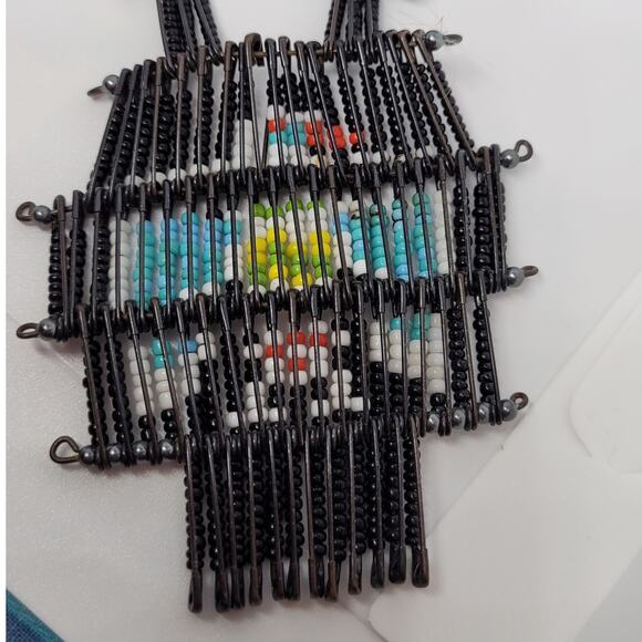 Boho Luxe Thunderbird Necklace Black Bead Safety Pin Vintage Tribal Statement - Picture 6 of 9